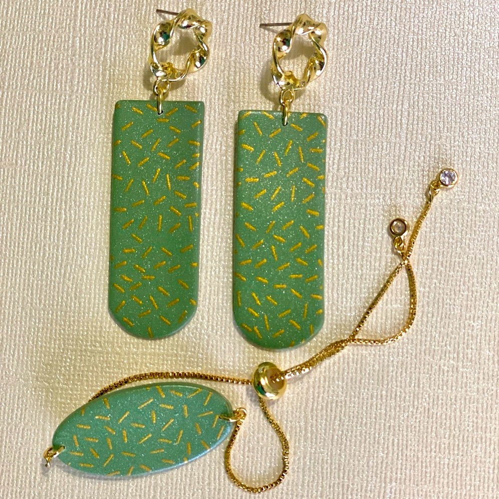 Handmade Olive Green Long Arch Polymer Clay Dangle Earrings & Bracelet